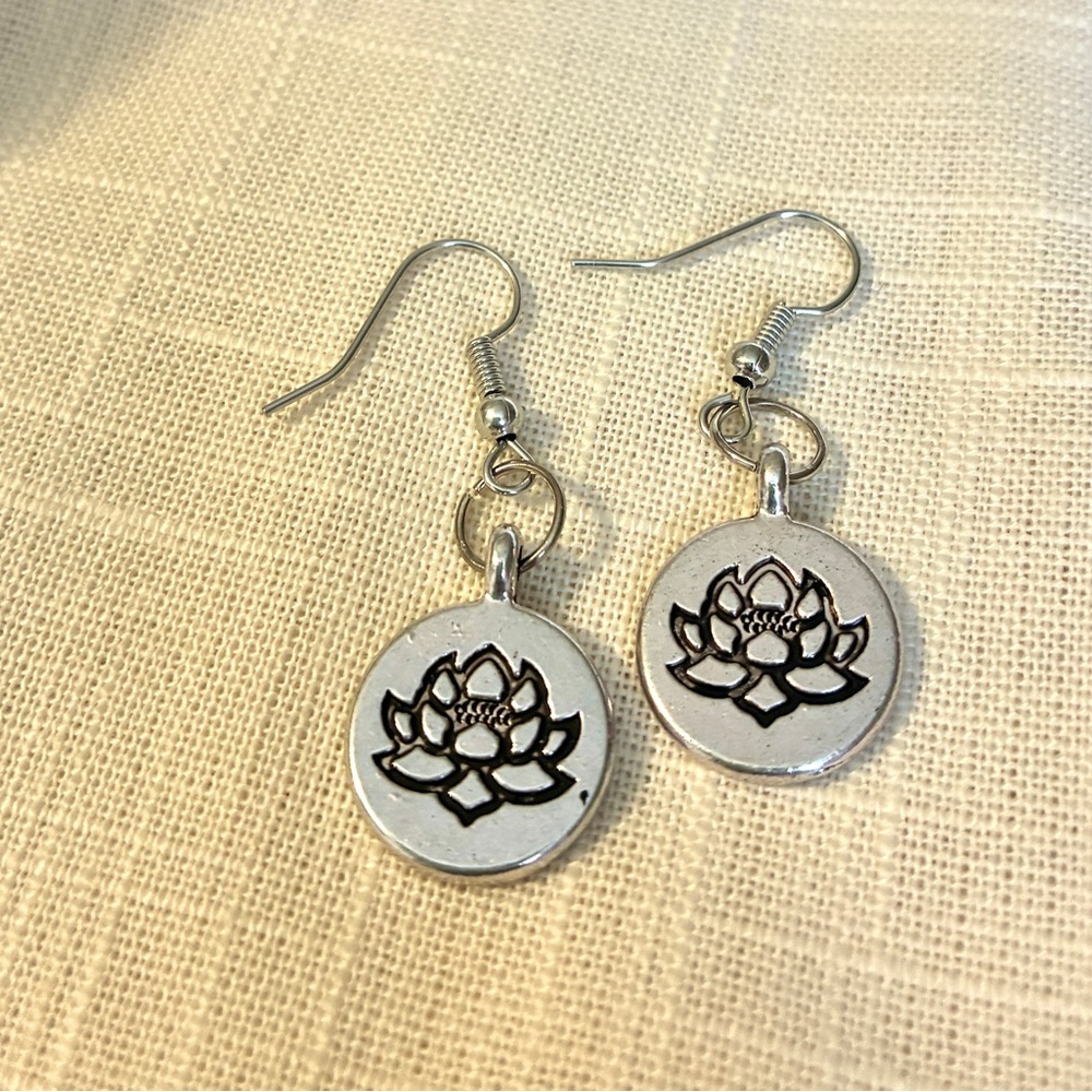 Silver Lotus Flower Earrings - Picture 2 of 3